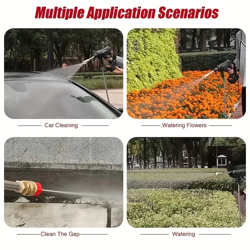 Multiple application scenarios showing car cleaning, watering flowers, cleaning a gap, and general watering.