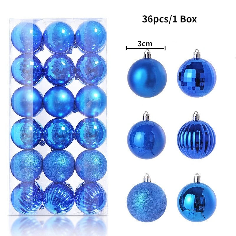 A box containing 36 blue and silver glitter Christmas tree ornament balls.