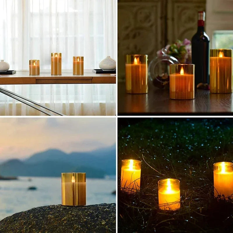 A collection of glowing LED flickering glass pillar candles set on a wooden tray and natural surfaces.
