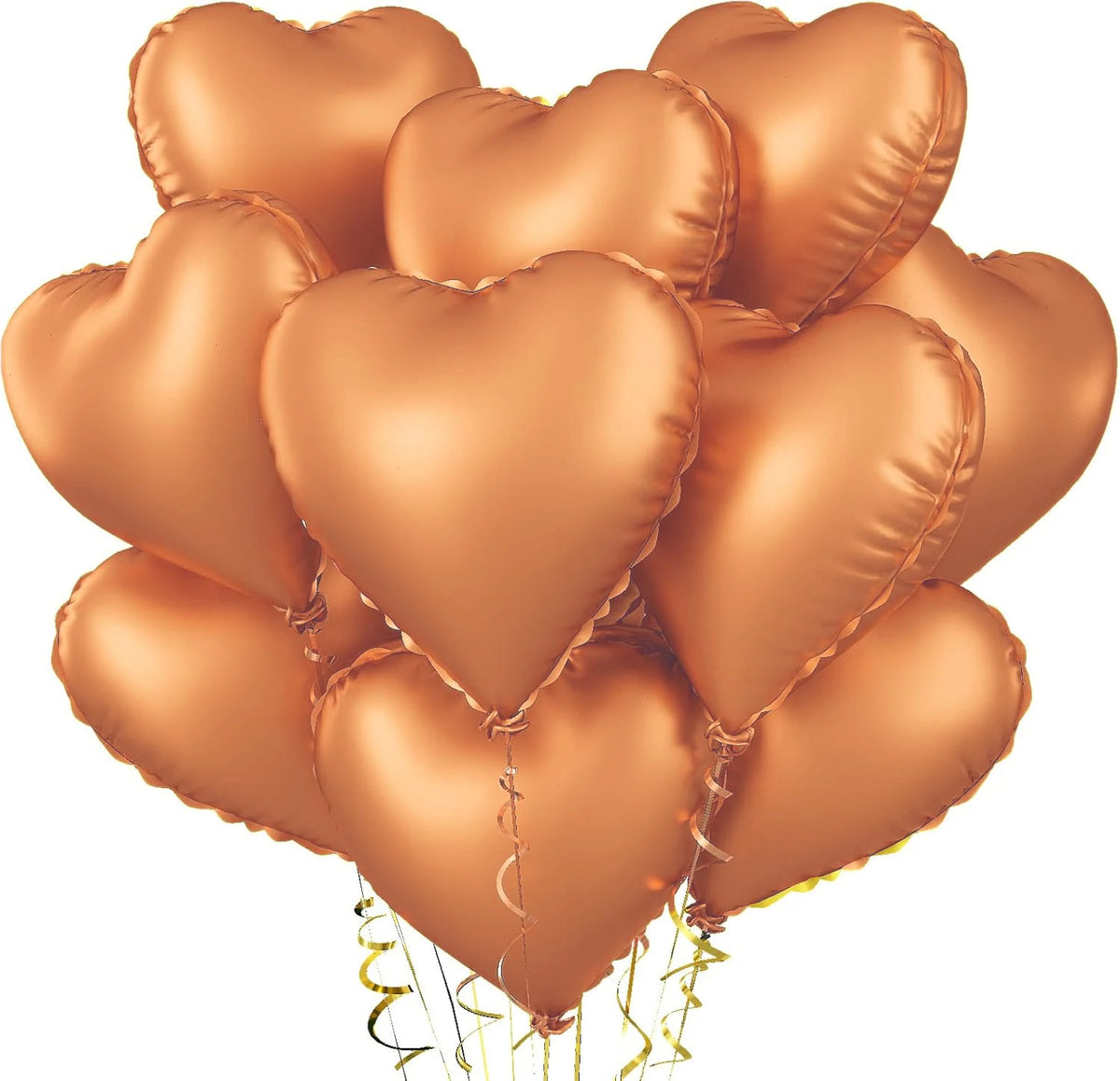 A cluster of shiny copper heart-shaped foil balloons tied together with thin gold strings.