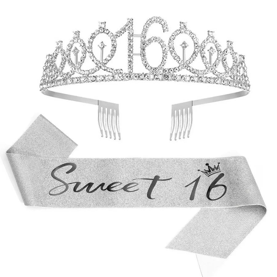 Silver rhinestone birthday crown and glitter sash set