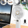 A white portable rechargeable handheld fan with a digital display is shown next to various charging options.