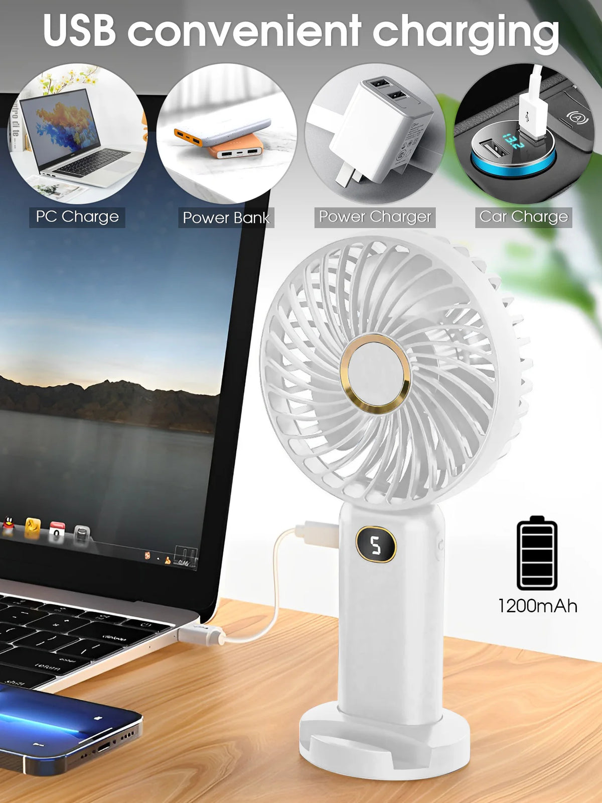 A white portable rechargeable handheld fan with a digital display is shown next to various charging options.