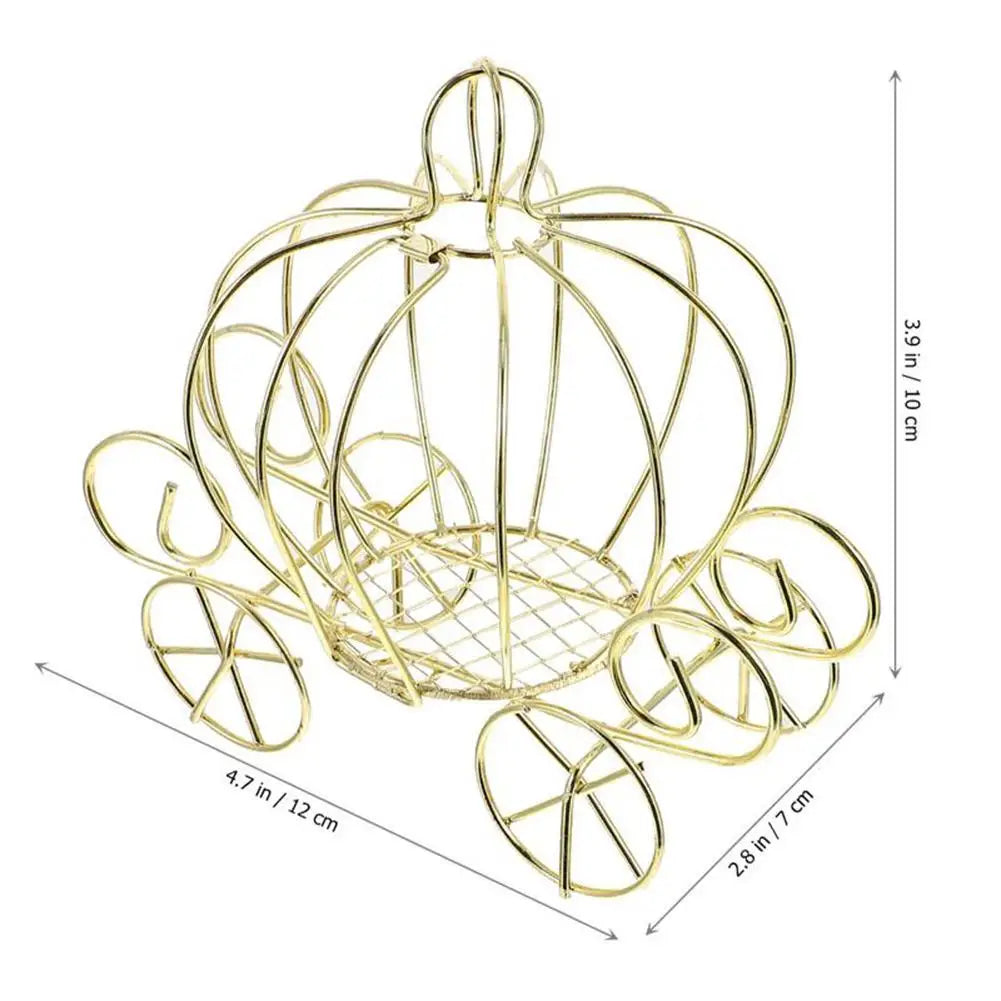 Golden pumpkin carriage candy box for weddings and parties, a decorative wire basket.