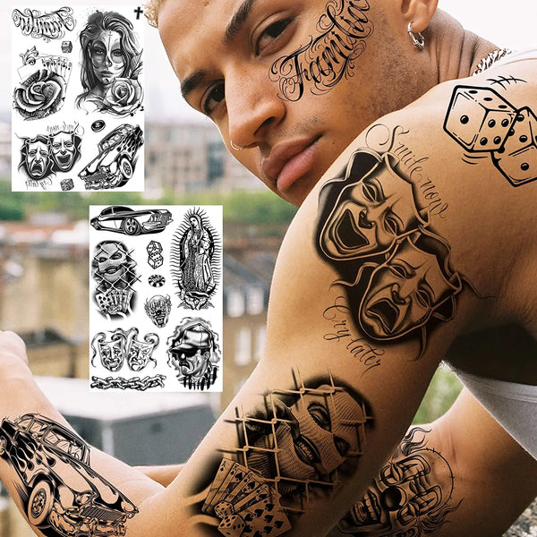 A close-up of a man's arm and face decorated with black ink chicano temporary tattoos featuring skulls and detailed artwork.
