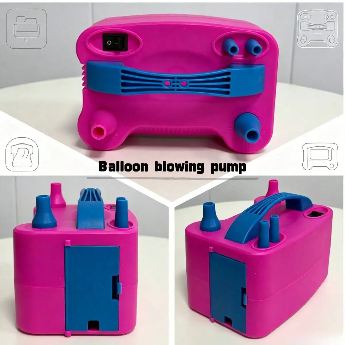 A pink handheld electric balloon inflating pump shown in various views.