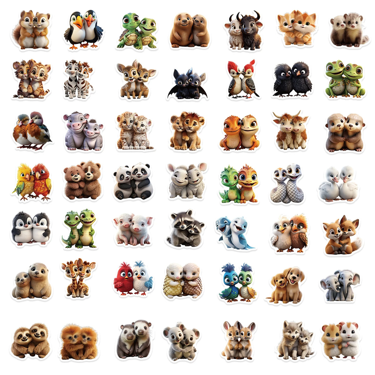 A collection of 50 assorted animal sticker designs featuring various cute and fierce animals for kids and teens