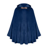 A deep navy blue velvet hooded cloak with a satin trim and draped fabric.