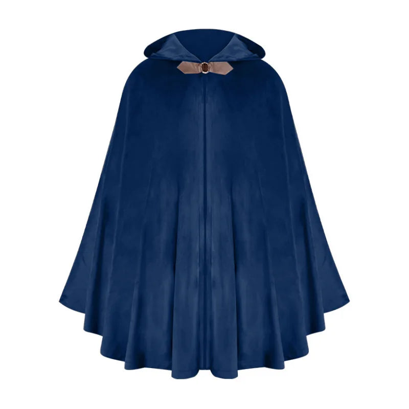 A deep navy blue velvet hooded cloak with a satin trim and draped fabric.