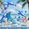 Blue shark foil balloons and decorations for an ocean-themed party display