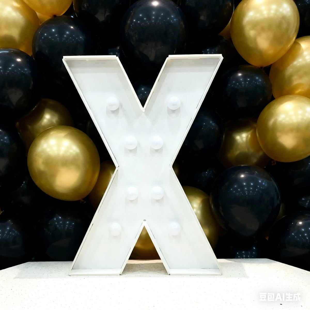 A large white marquee letter X is displayed in front of a backdrop of gold and black balloons for party decor.