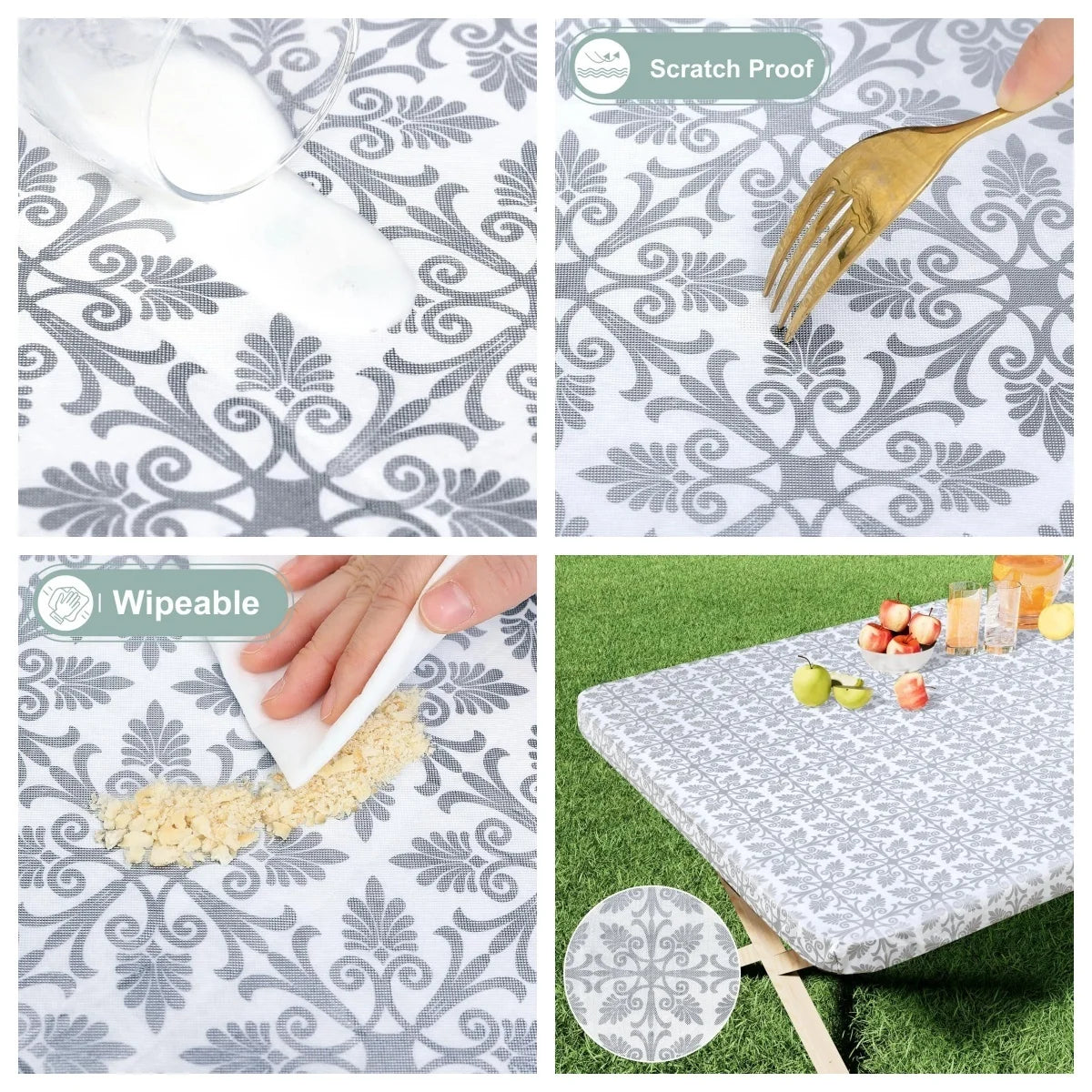 A set of gray patterned elastic fitted rectangle tablecloths showing scratch proof, wipeable surfaces, and a circular design.