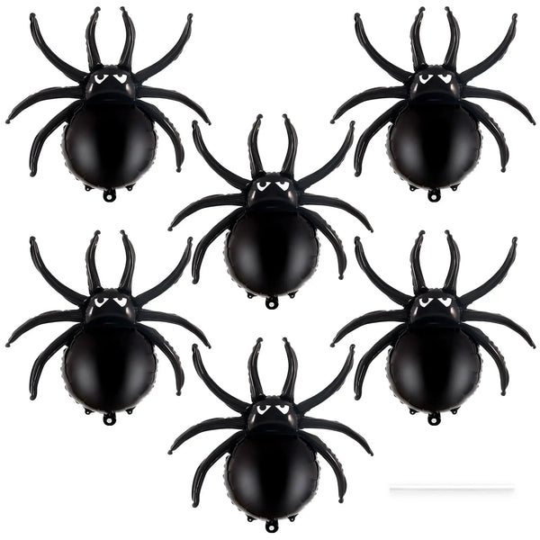 A set of six black spider-shaped aluminum foil mylar balloons.