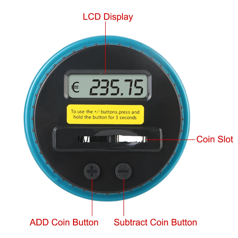 A close-up view of a digital coin saving jar with an LCD display, coin slots, and add/subtract buttons.