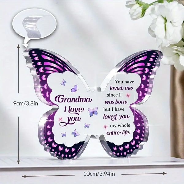 Éclosion acrylique violet et argent avec un message : 'Grand-mère, je t'aime.'