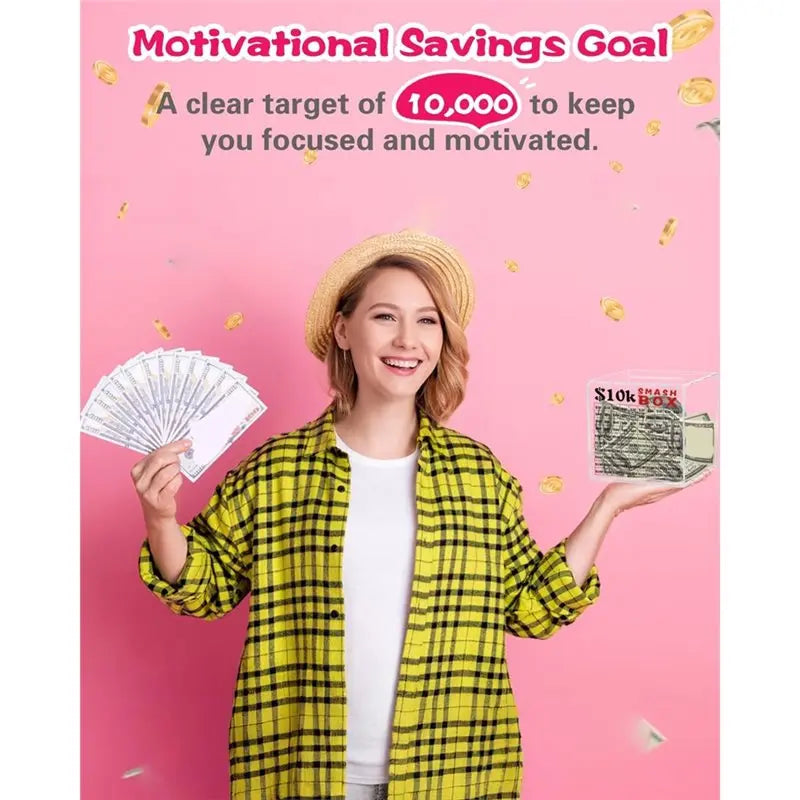 A smiling woman holds a stack of money and a clear acrylic piggy bank against a pink background with motivational text.
