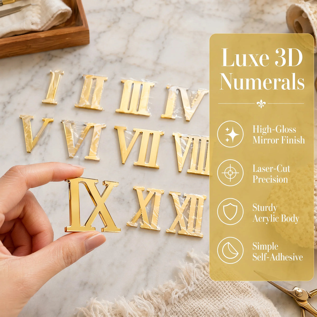 A set of gold Luxe 3D numerals in Roman numerals, including I through XIII, displayed on a marble surface.