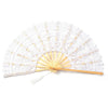 White vintage lace hand fan with a wooden handle and tassel