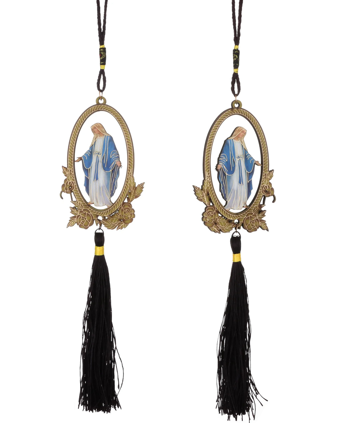 Wooden pendant ornament featuring a depiction of Our Lady of Grace with a gold frame and black tassel.