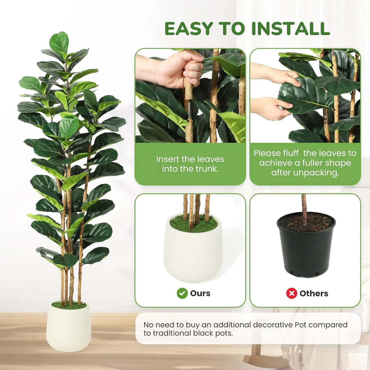 Artificial Fiddle Leaf Fig tree in a white pot with leaves inserted into the trunk