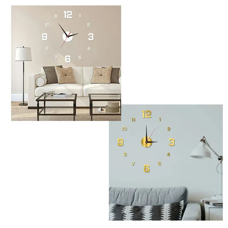 A modern living room features a frameless acrylic digital wall clock above a sofa.