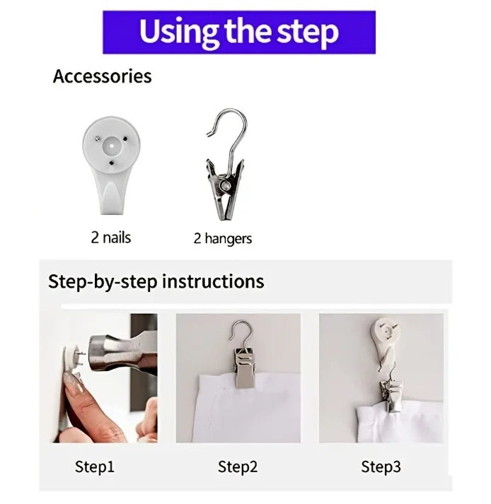 Step-by-step instructions showing accessories and three steps for installing a blonde Frank Wall tapestry.