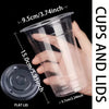 A hand holds a clear plastic cup and lid, showing the dimensions of the cup.