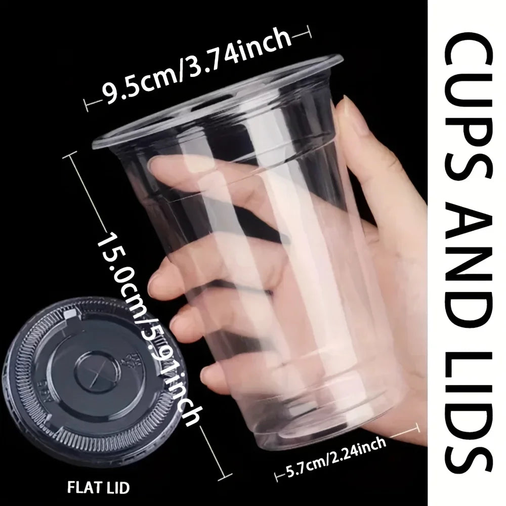 A hand holds a clear plastic cup and lid, showing the dimensions of the cup.