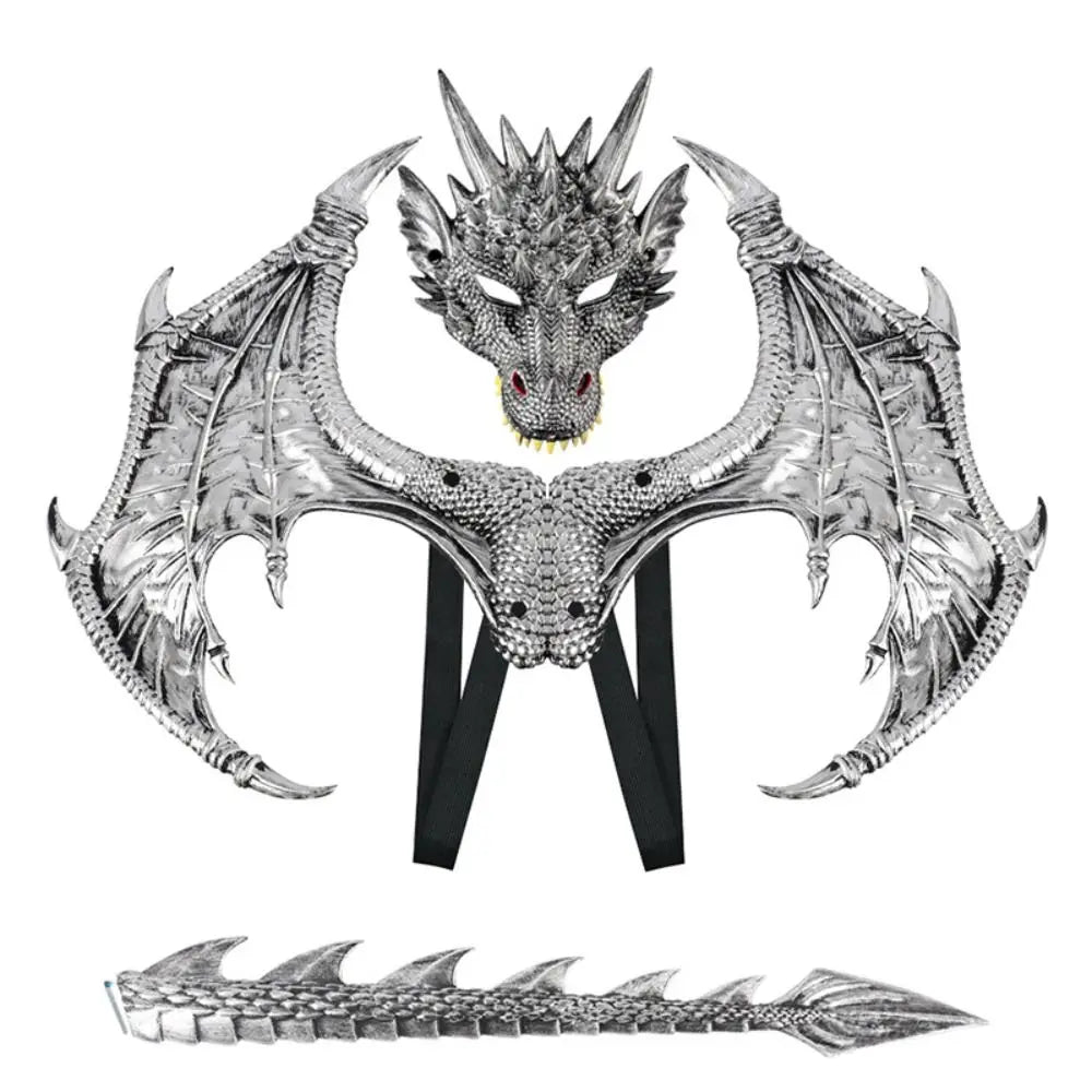 A silver dragon wings and tail cosplay costume set for kids, featuring a detailed skeletal design.