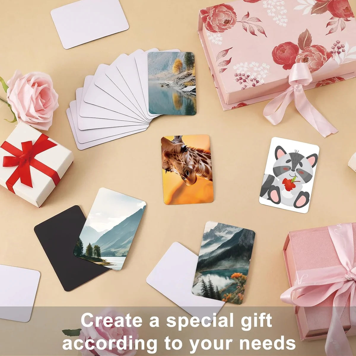 A collection of custom photo fridge magnets and gift boxes featuring floral and nature themes.