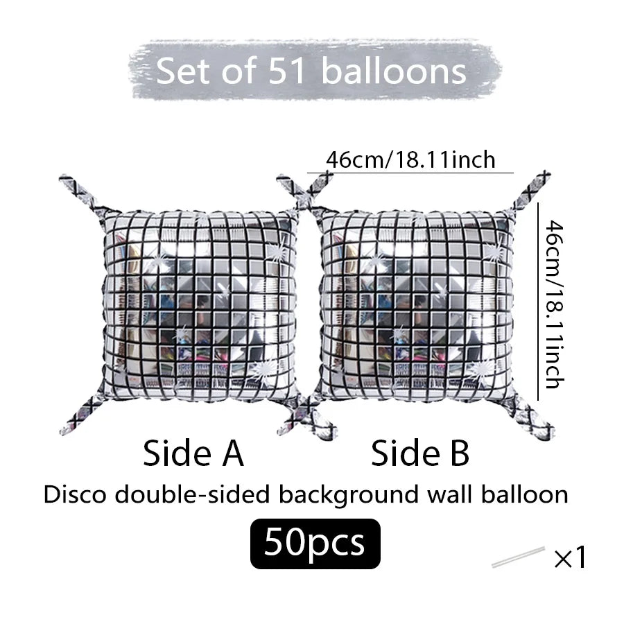 Set of 51 double-sided square foil balloon wall balloons, Side A and Side B, measuring 46cm/18.1inch each.