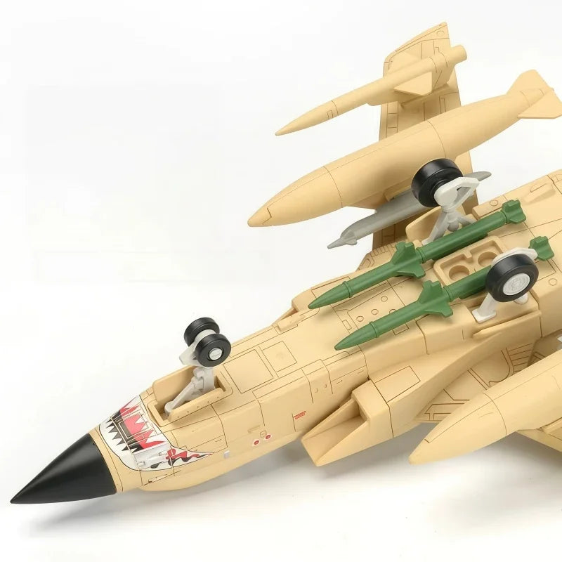A plastic building blocks set depicting a Panavia Tornado fighter jet with missiles attached.