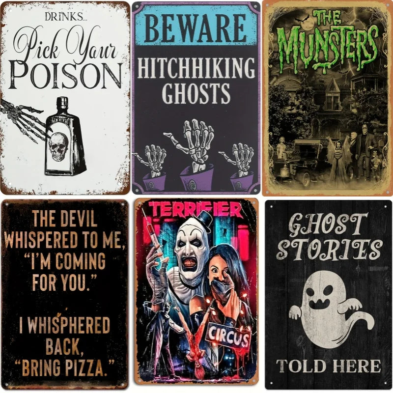 A collection of five metal tin signs featuring gothic and spooky themes like Be ware Hitchhiking Ghosts The Munsters and Ghos