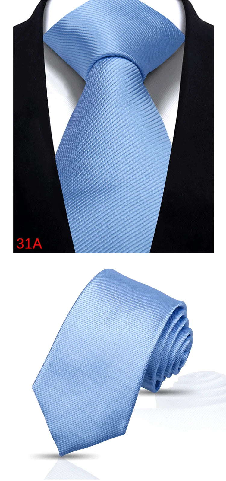 Light blue striped silk necktie tied in a four-in-hand knot displayed on a black shirt.