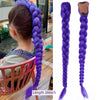 Purple braided ponytail hairpiece for kids shown on a person's head and as a separate product.