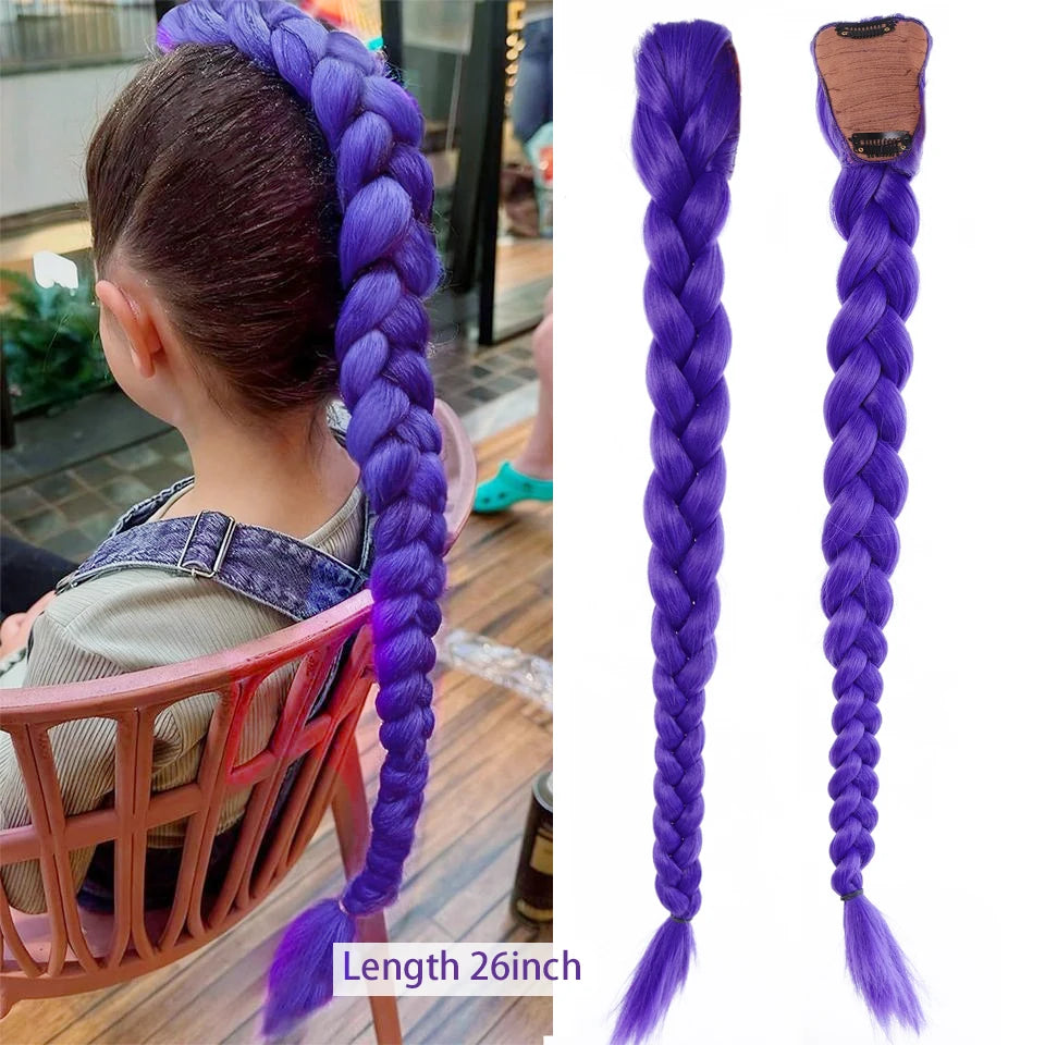 Purple braided ponytail hairpiece for kids shown on a person's head and as a separate product.