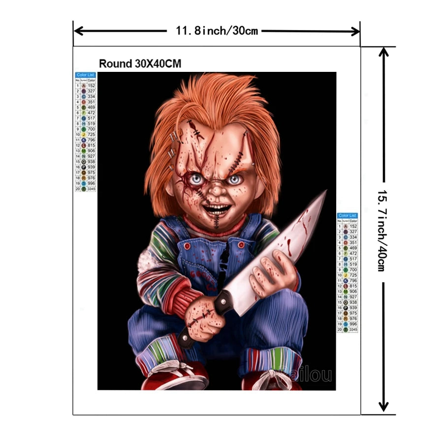 A diamond painting kit featuring a portrait of Chucky the horror character.
