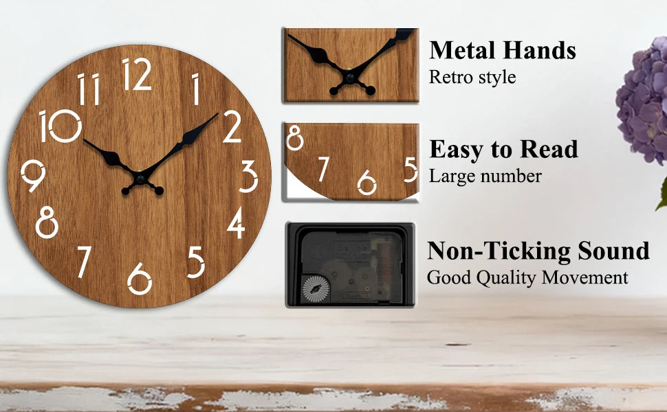 A minimalist wooden wall clock with black metal hands and large numbers displayed on a light wood surface.