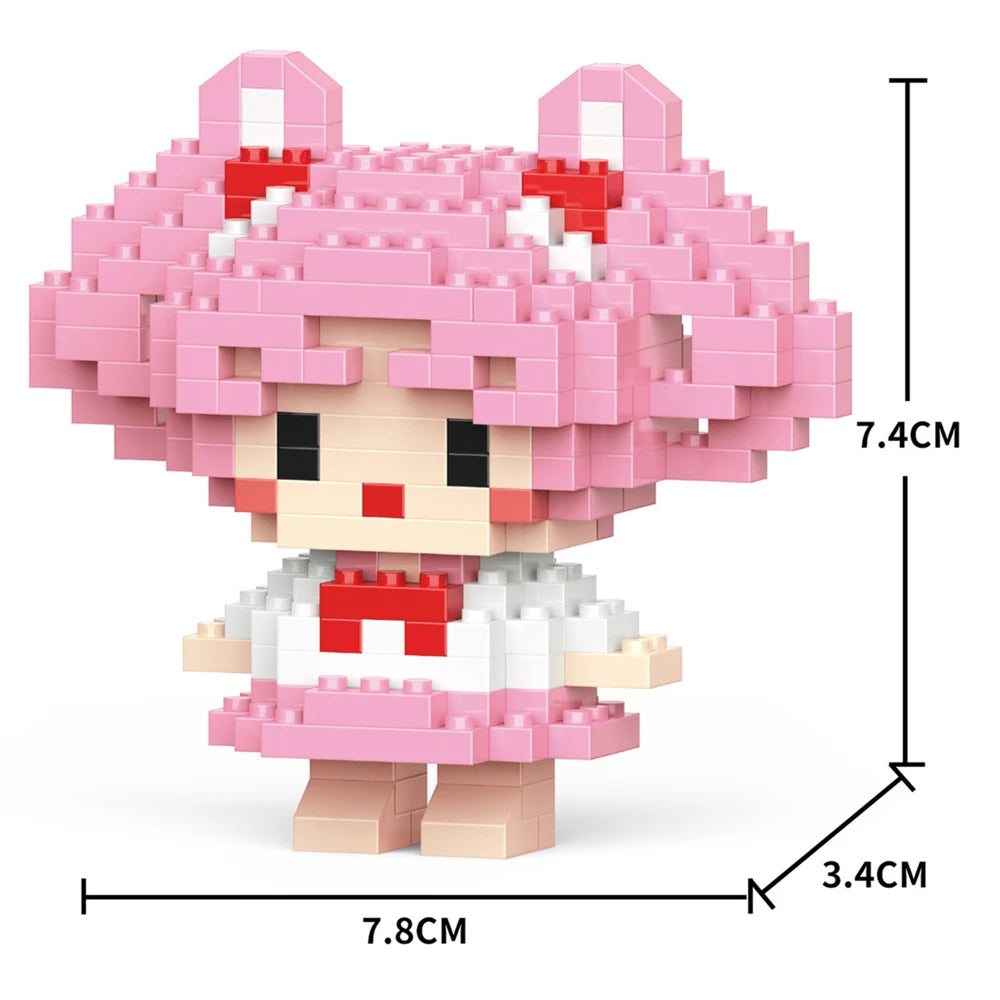 A pink and white LEGO-style model of an animal character with large pink hair and a red outfit.