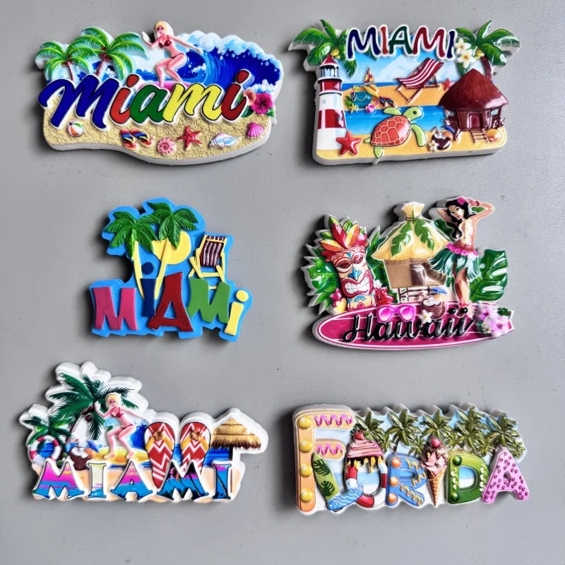 A collection of colorful fridge magnets featuring various Miami and Hawaii themed designs.