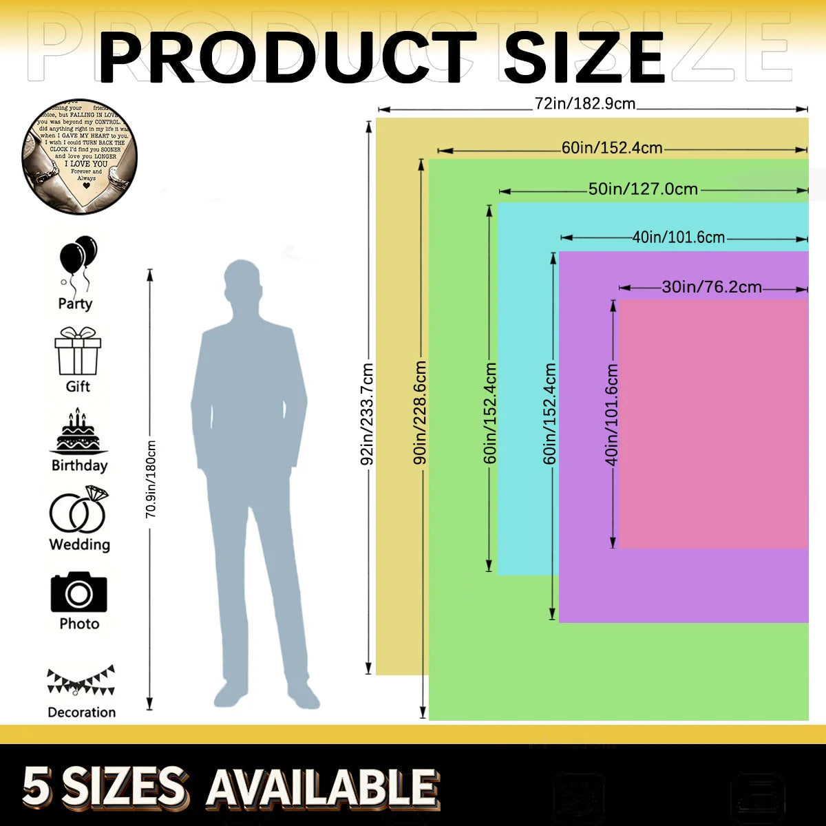 Diagram showing five different sizes of decorative fabric wall tapestry with corresponding dimensions.