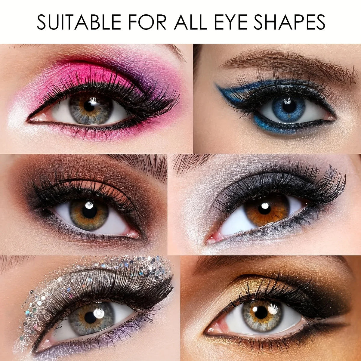 Close-up display of various eye makeup looks demonstrating suitability for all eye shapes.