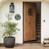 A rustic wooden door with a glass panel and decorative metalwork, set in a bright interior doorway.