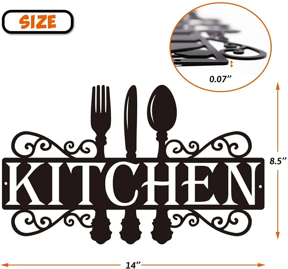 Black metal wall art sign with the word KITCHEN surrounded by decorative forks and spoons