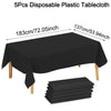 Five black disposable plastic tablecloths laid out on a table with dimensions indicated.