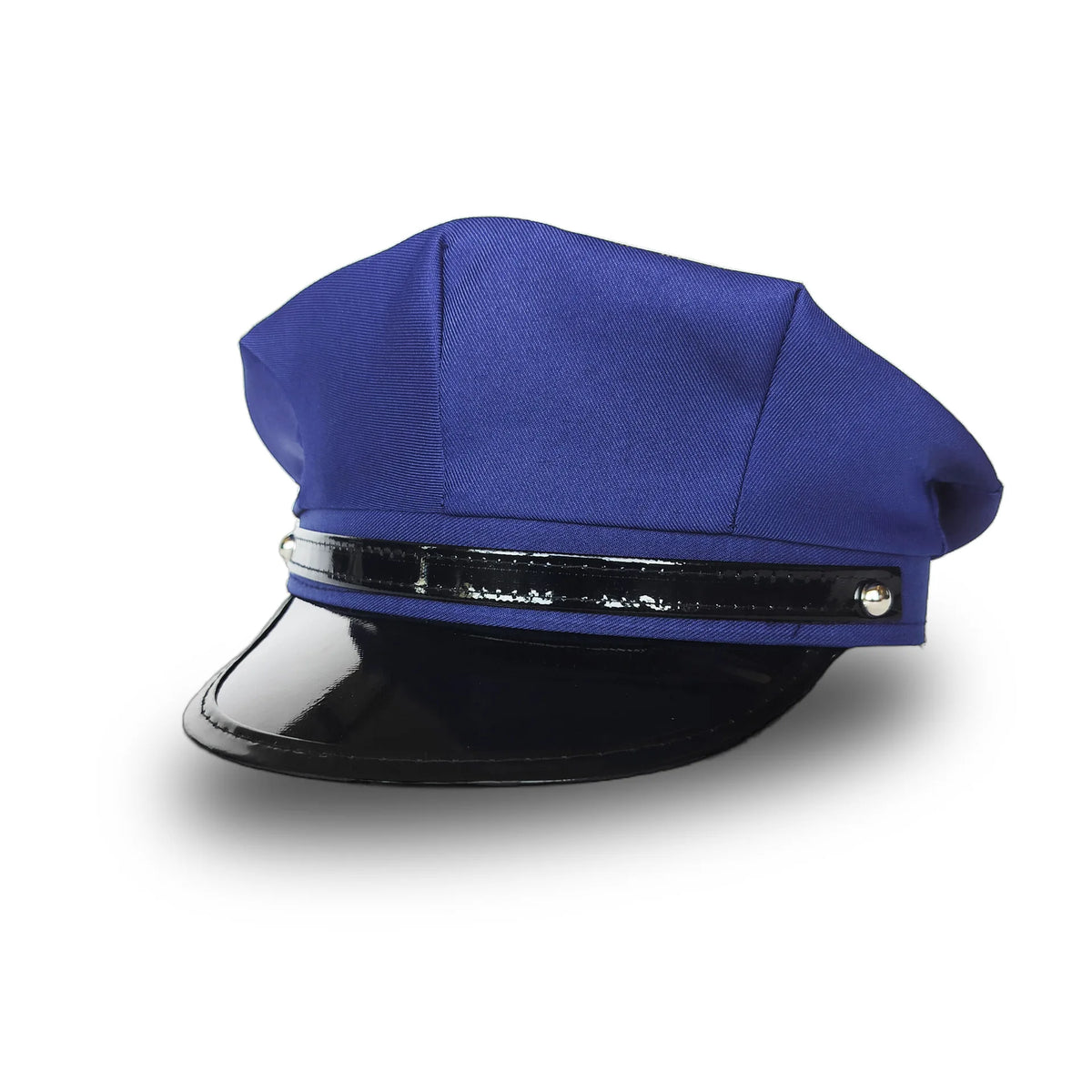 A royal blue police officer costume hat with an octagonal crown and a black visor.