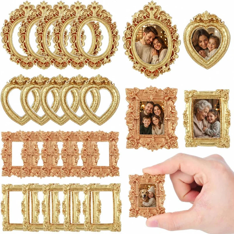 A collection of vintage gold mini picture frames in various styles and sizes for DIY crafts and decor.