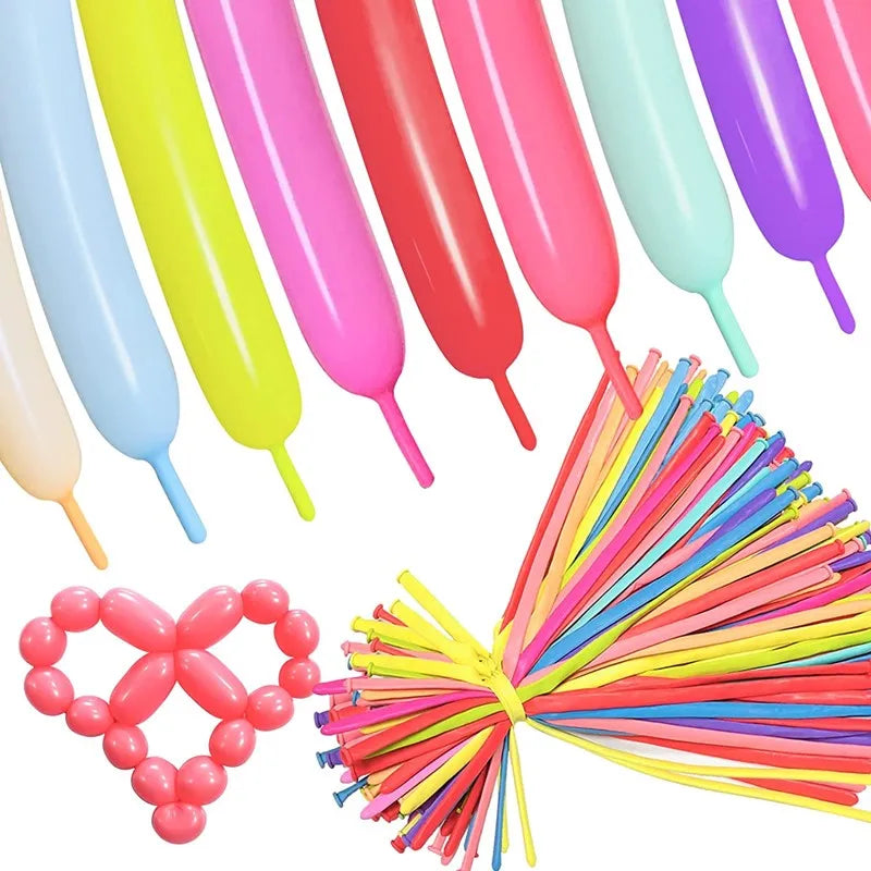 A collection of colorful twisting balloons in various shades including yellow, pink, red, and blue.