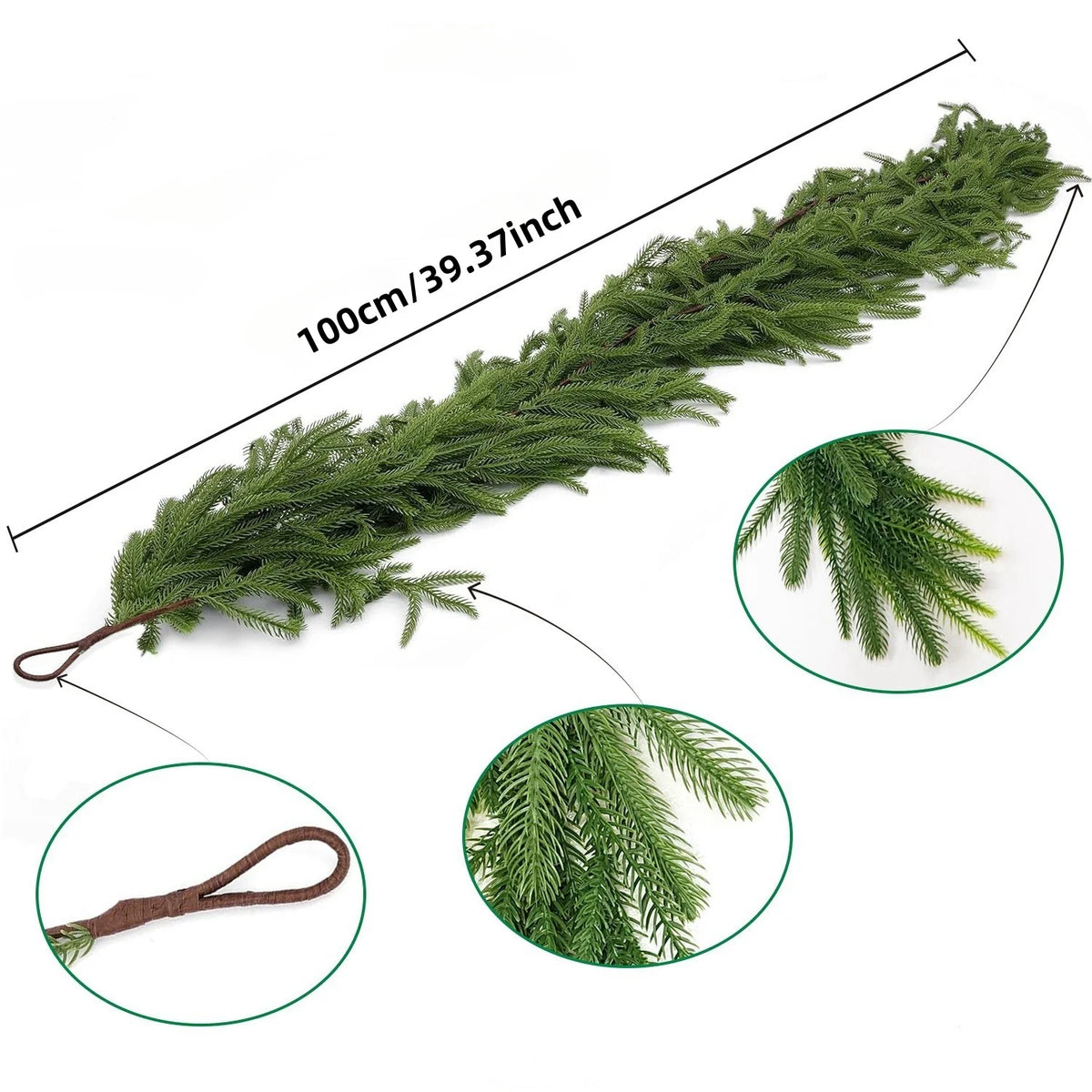 A long green artificial Norfolk pine garland measuring 100cm (39.37 inches) shown with close-ups of the foliage and stem.