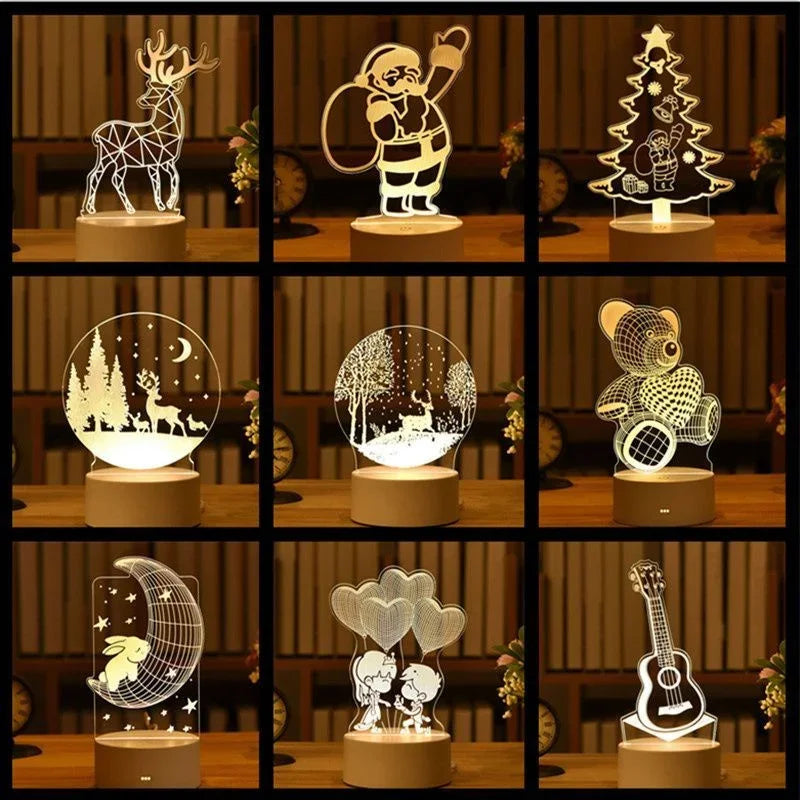 A grid of 12 acrylic LED night lights featuring various animal and musical instrument silhouettes.